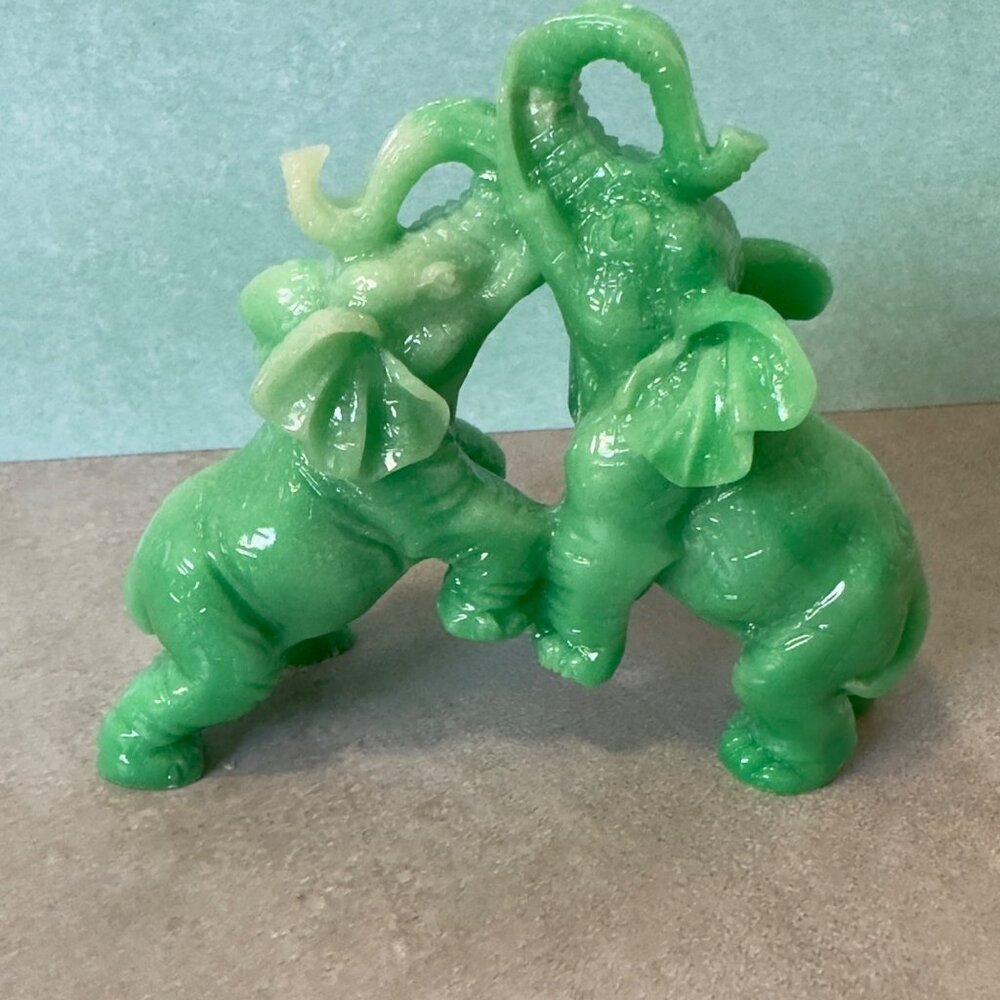Green Soapstone Elephant Figurine Duo - Dancing Elephants Sculpture - 4 Inches T